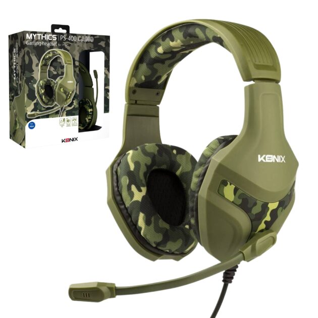 konix mythics casque gaming filaire ps 400 pour console haut parleurs 40 mm microphone motif camouflage vert kaki