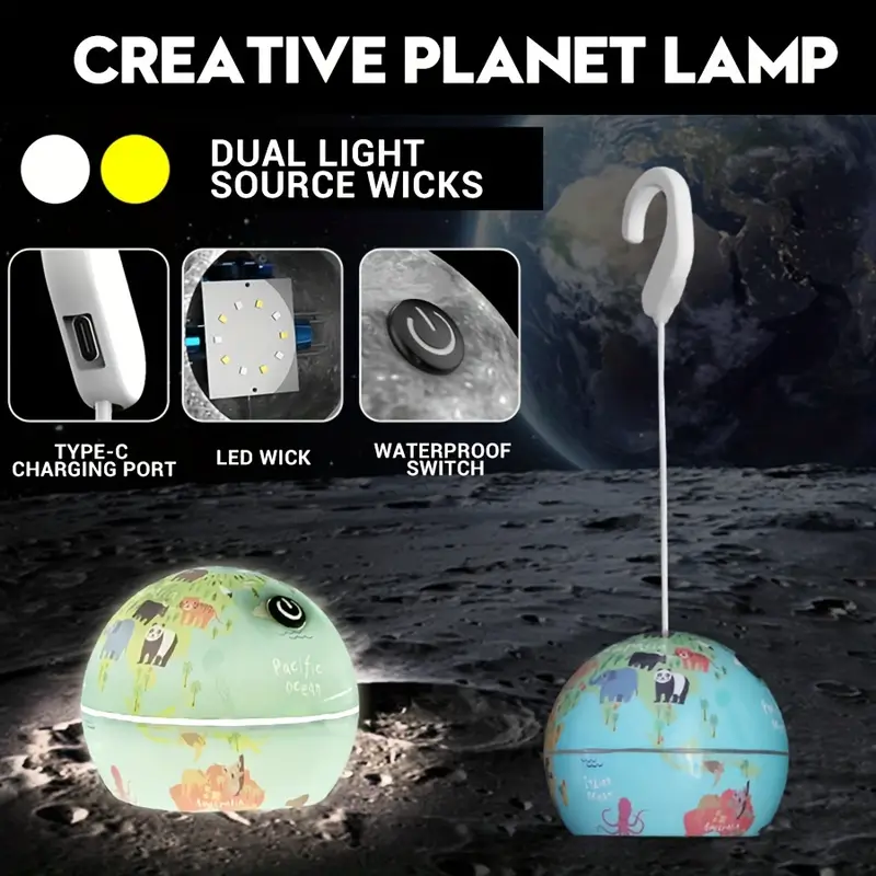 Lampe Led Suspendue En Forme De Boule Décorative, Rechargeable Par Usb, Pour Camping Intérieur Et Extérieur, En Forme De Lune Ou De Terre, 1 Pièce - الصورة 5