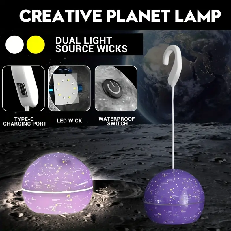 Lampe Led Suspendue En Forme De Boule Décorative, Rechargeable Par Usb, Pour Camping Intérieur Et Extérieur, En Forme De Lune Ou De Terre, 1 Pièce - الصورة 4