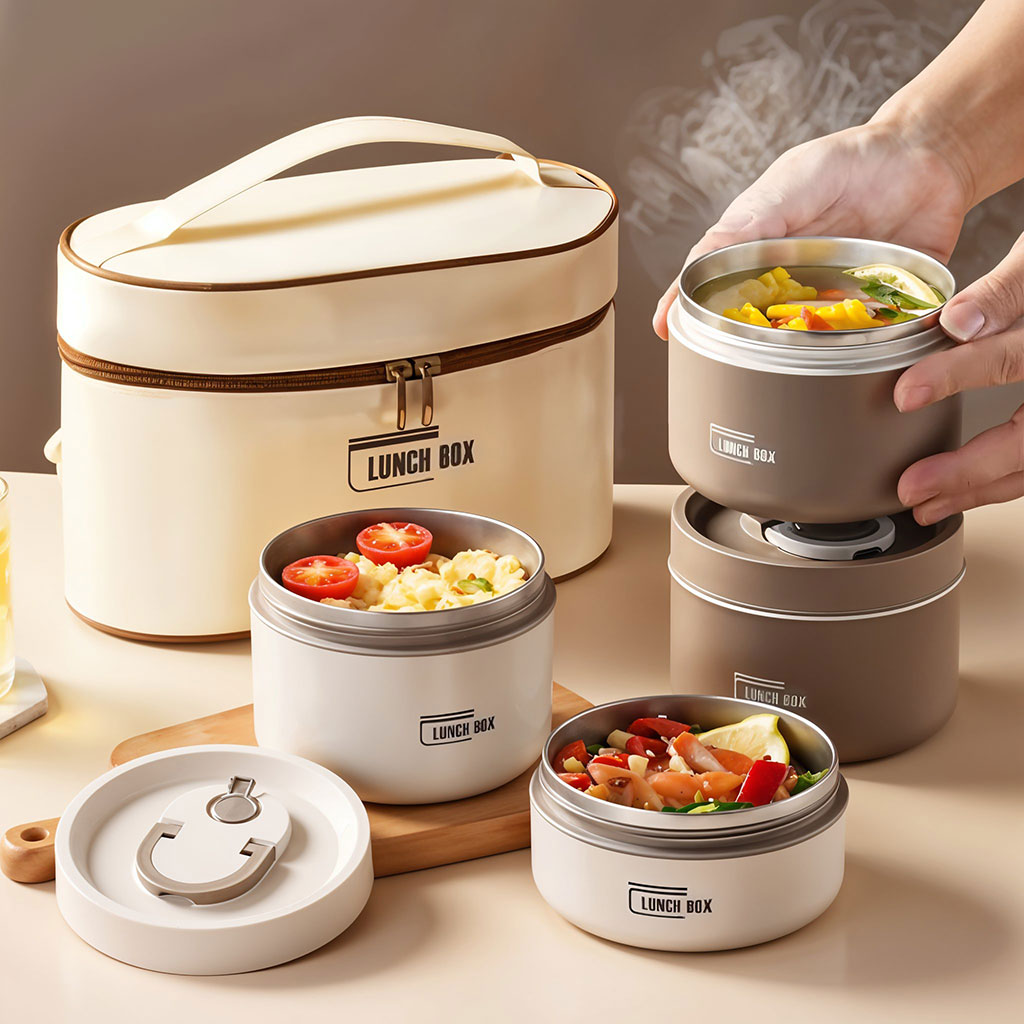 lunch box 4 étage avec sac isotherme isolant – حافظة طعام حرارية 4 طبقات قابلة للاستخدام في الميكروويف