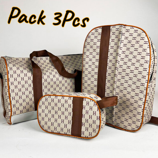 pack 3pcs cabas sac a dos et pochette en tissue imperméable beige