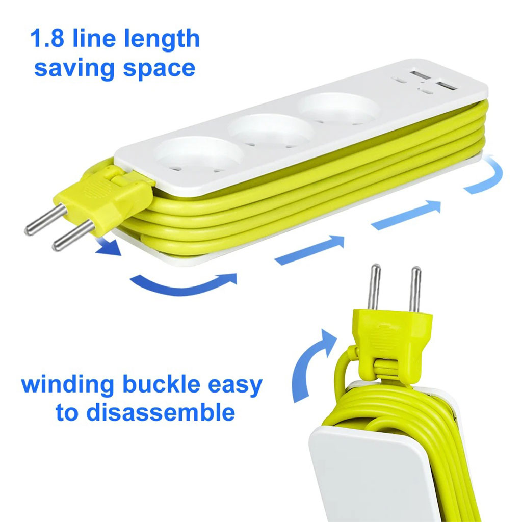 AVEL Multiprise 3 Sockets avec 4 ports USB Cordon 1,8 m Enroulable – مقبس طاقة مع منافذ شحن - الصورة 5