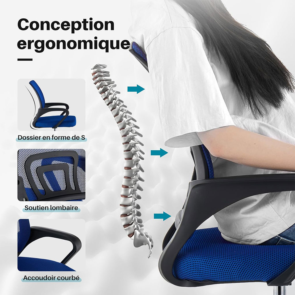 Chaise de Bureau Ergonomique avec Support Lombaire Bleu – كرسي مكتب مريح مع دعامة للظهر - الصورة 2