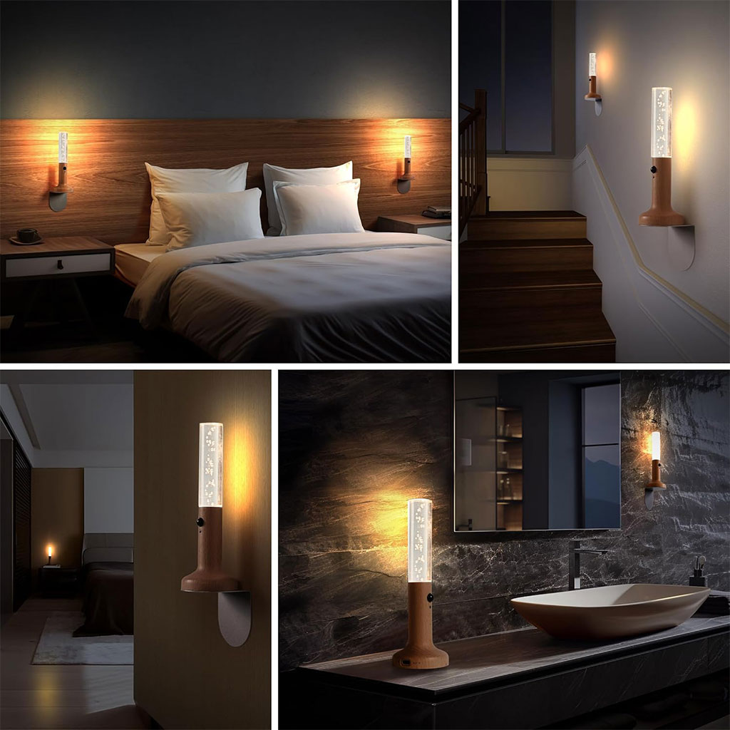 Applique murale rechargeable en bois avec détecteur de mouvement effet glow – مصباح جداري محمول - الصورة 7