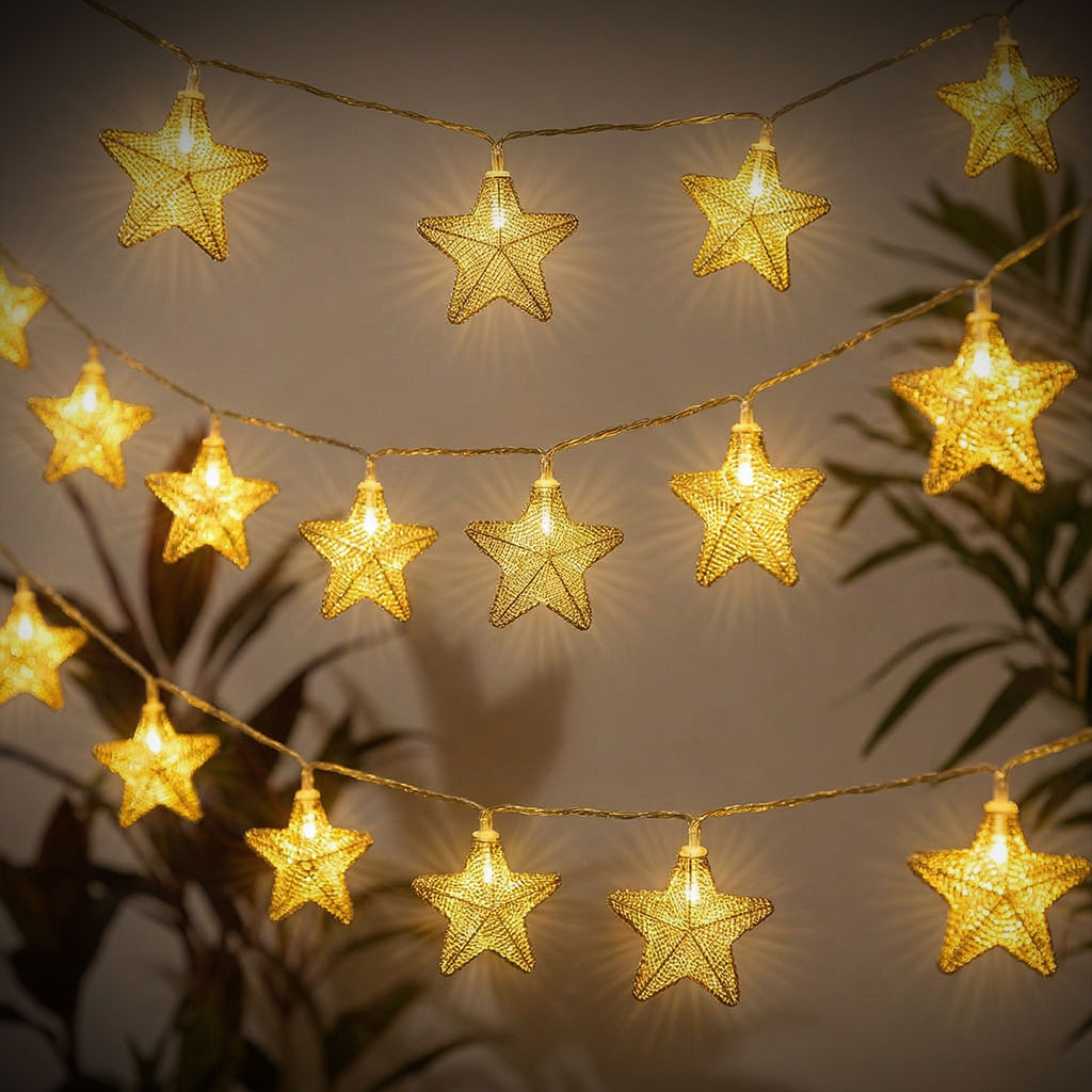 Guirlande Lumineuse Étoiles Dorées 16 LED avec Maillage Métallique – سلسلة أضواء رمضانية - الصورة 6