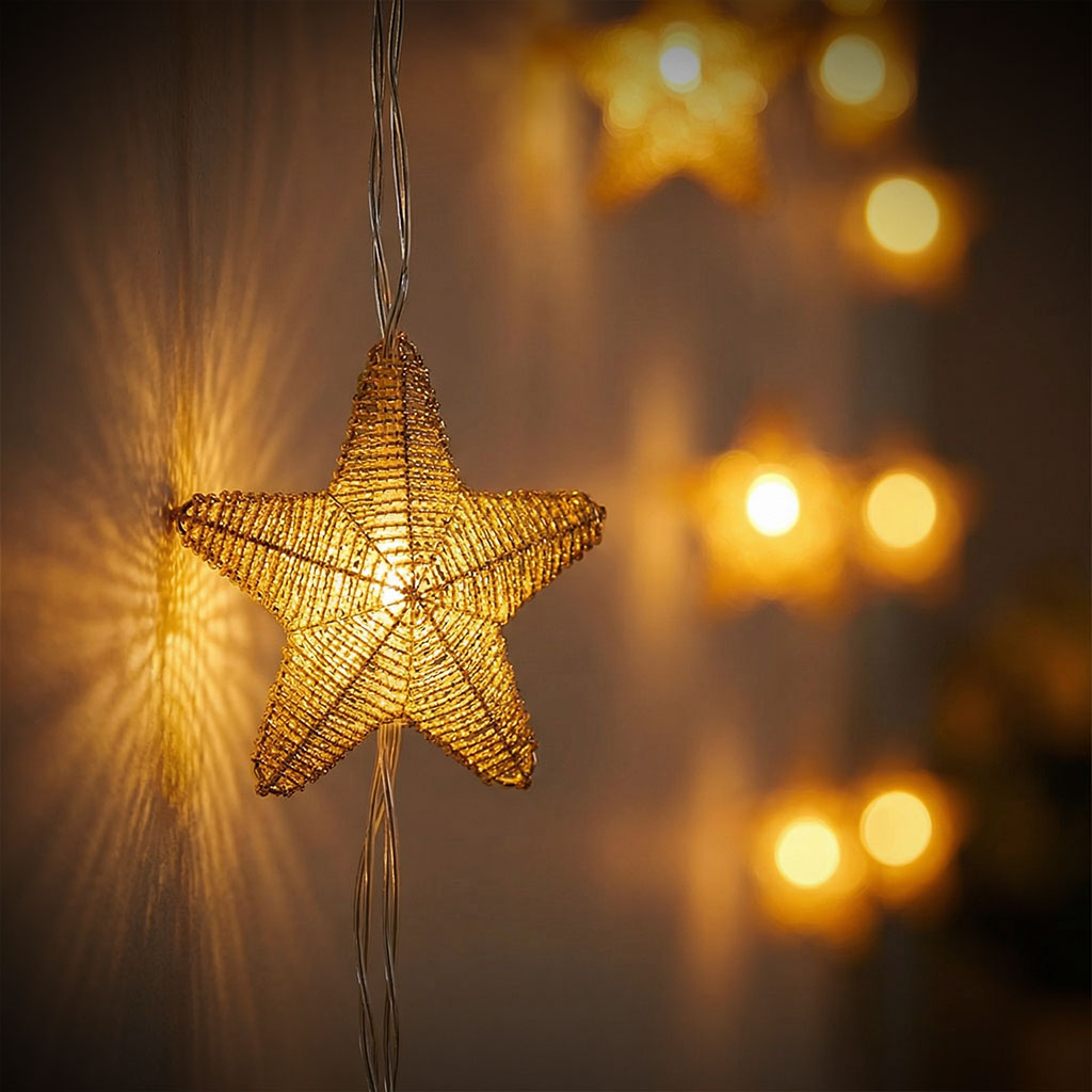 Guirlande Lumineuse Étoiles Dorées 16 LED avec Maillage Métallique – سلسلة أضواء رمضانية - الصورة 4