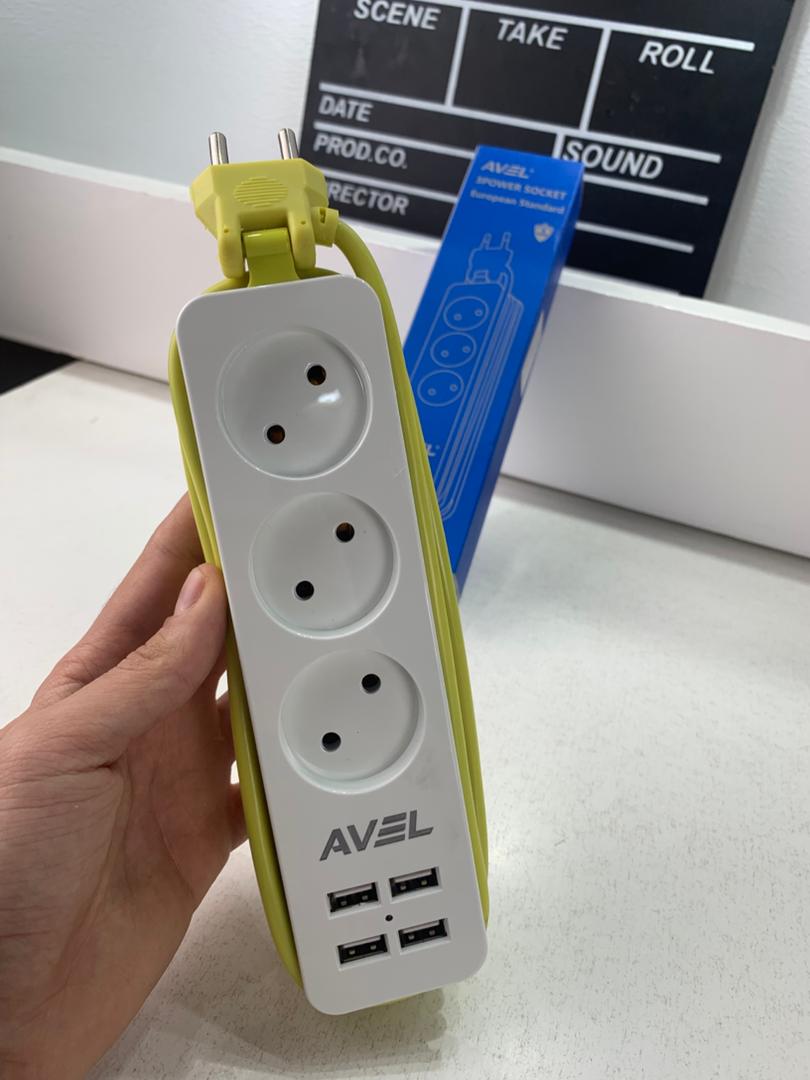 AVEL Multiprise 3 Sockets avec 4 ports USB Cordon 1,8 m Enroulable – مقبس طاقة مع منافذ شحن - الصورة 3