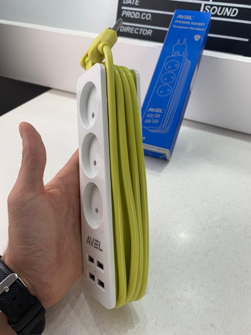 AVEL Multiprise 3 Sockets avec 4 ports USB Cordon 1,8 m Enroulable – مقبس طاقة مع منافذ شحن - الصورة 2