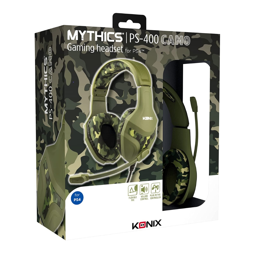 konix mythics casque gaming filaire ps 400 pour console haut parleurs 40 mm microphone motif camouflage vert kaki