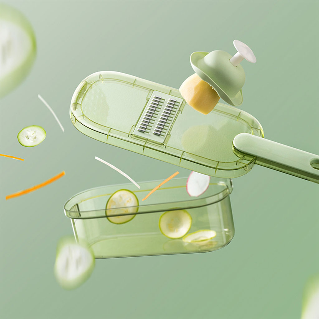 Mandoline à légumes professionnelle avec 5 lames et récipient – قطاعة خضر في المطبخ - الصورة 5