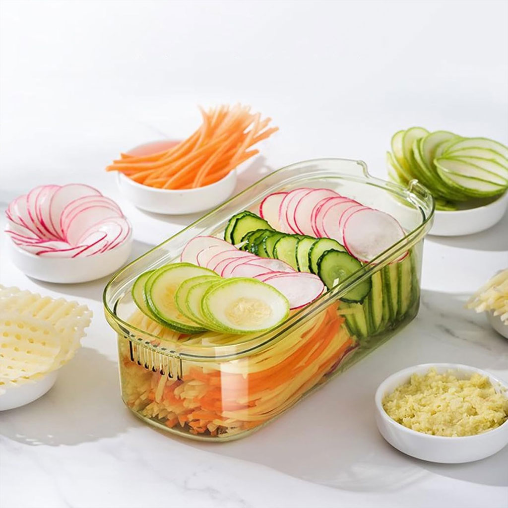 Mandoline à légumes professionnelle avec 5 lames et récipient – قطاعة خضر في المطبخ - الصورة 6