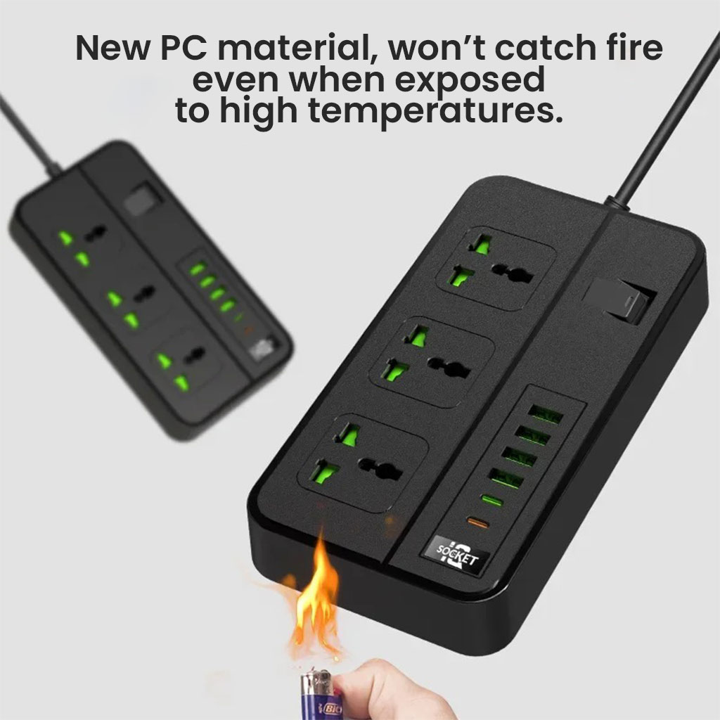 Multiprise 3 Socket avec 4 Ports USB 2 Type-C 4000W Protection Surcharge – مقبس طاقة مع منافذ شحن - الصورة 6