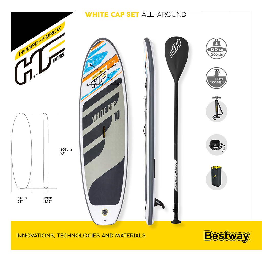 hydro force white cap paddle gonflable avec pompe À main et sac À dos bestway 65342