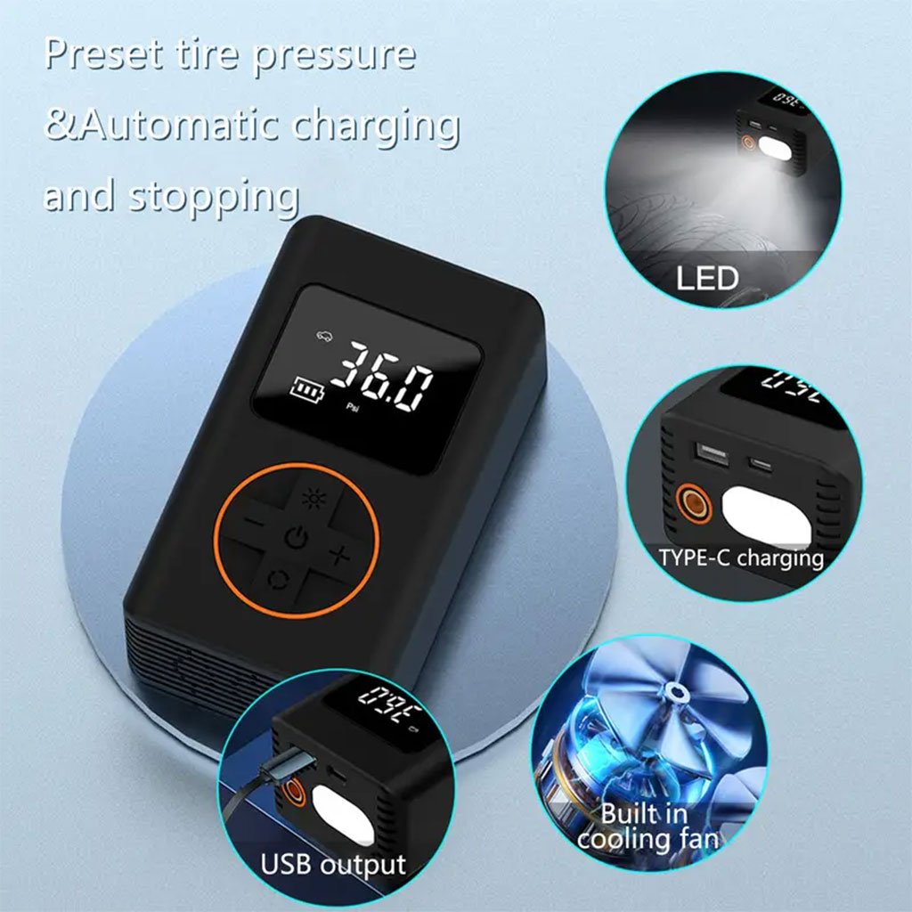 ضاغط هواء لإطارات السيارات مزود بمقياس ضغط رقمي - الصورة 4