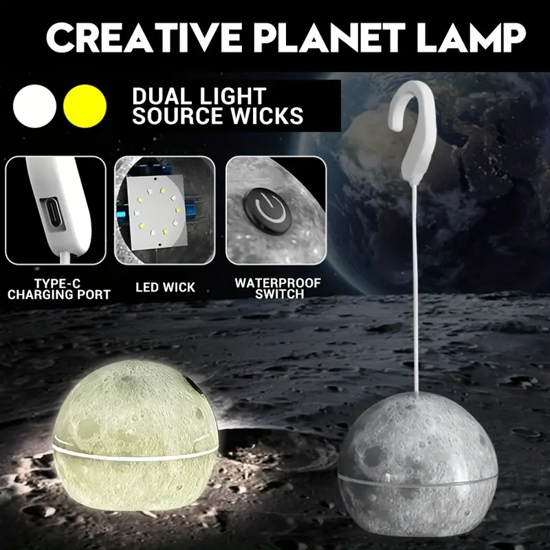 Lampe Led Suspendue En Forme De Boule Décorative, Rechargeable Par Usb, Pour Camping Intérieur Et Extérieur, En Forme De Lune Ou De Terre, 1 Pièce - الصورة 6