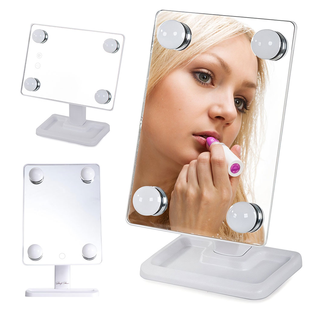 Miroir de Maquillage avec 4 ampoules LED Contrôle tactile intelligent et rotation à 360° – مرآة المكياج