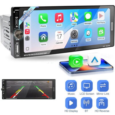 جهاز راديو سيارة 1DIN بشاشة لمس 6.9 بوصة يدعم Apple CarPlay اللاسلكي وAndroid Auto