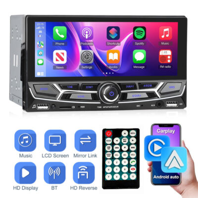 راديو سيارة 2DIN بشاشة لمس مع CarPlay وAndroid Auto وMirror Link