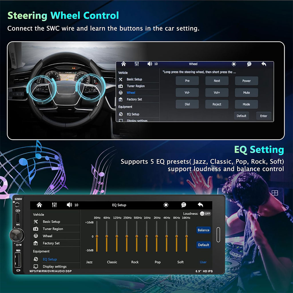جهاز راديو سيارة 1DIN بشاشة لمس 6.9 بوصة يدعم Apple CarPlay اللاسلكي وAndroid Auto - الصورة 8