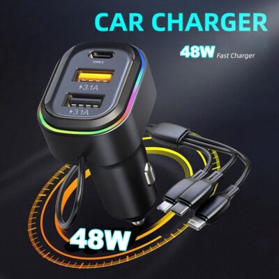 شاحن سيارة بثلاث منافذ مع كابل شحن مدمج 3 في 1 (Lightning / Type-C / Micro USB)