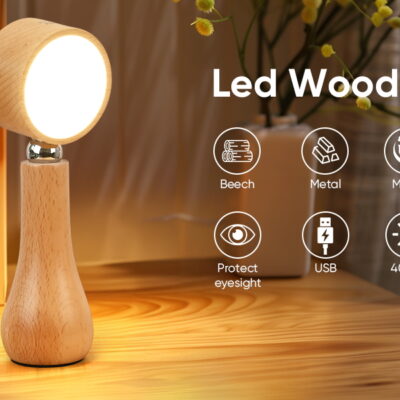 مصباح LED بتصميم خشبي محمول لاسلكي قابل للشحن مع تحكم باللمس 4000K