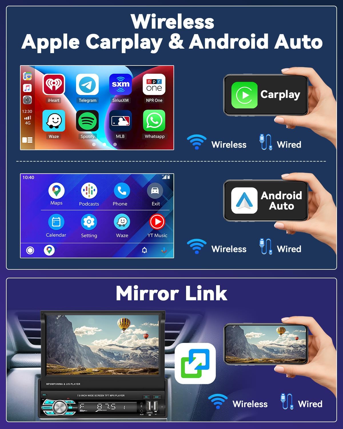 راديو سيارة ذكي بشاشة لمس 7 بوصة قابلة للطي مع Wireless CarPlay وAndroid Auto - الصورة 10