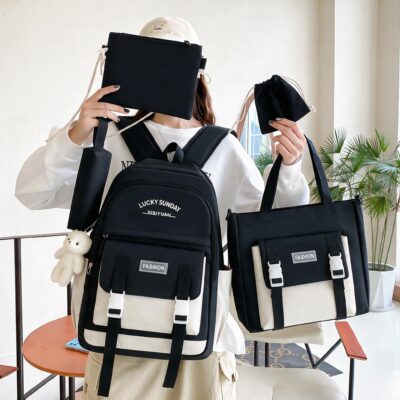 Ensemble de sacs à dos Kawai pour adolescents 5Pcs YISIYUAN V2 Noir et Blanc – محفظة 5 قطع كاواي للبنات