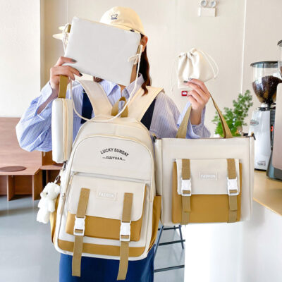 Ensemble de sacs à dos Kawai pour adolescents 5Pcs YISIYUAN V2 Beige – محفظة 5 قطع كاواي للبنات