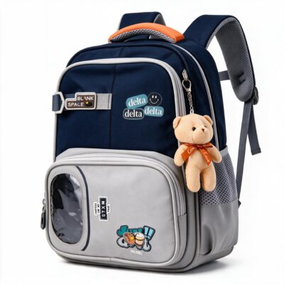 Sac à Dos Scolaire Delta Design Ergonomique avec Trousse et Pendentif Ours Inclus Bleu Nuit SACKDS35BLN - حقيبة ظهر مدرسية عصرية مع مقلمة مدمجة