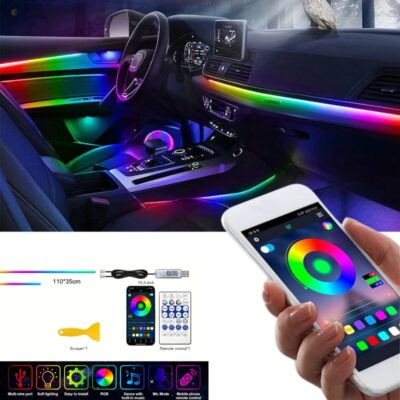 شريط إضاءة LED نيون RGB لداخل السيارة مع مزامنة صوتية وتطبيق وجهاز تحكم