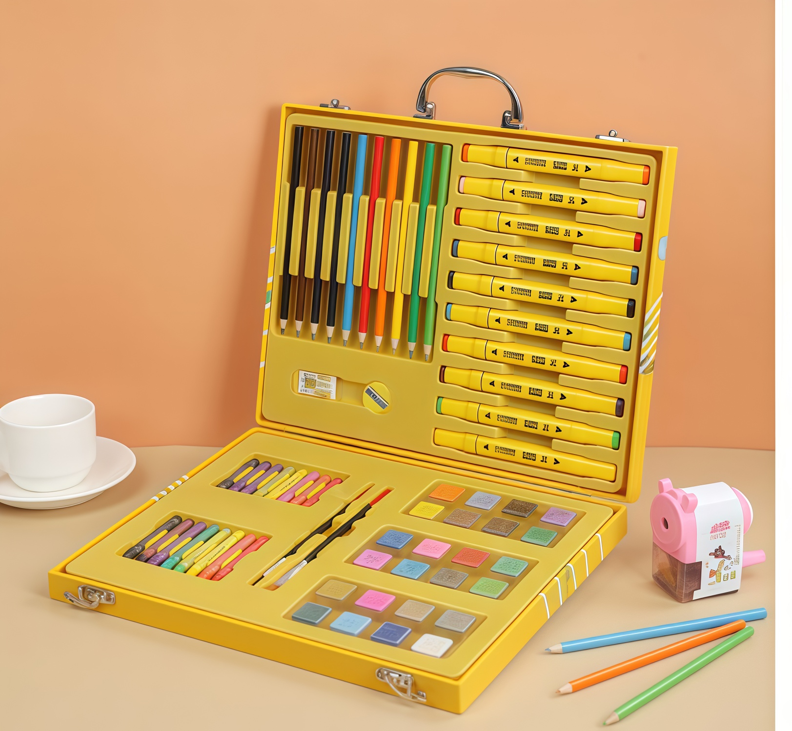 طقم أدوات رسم وتلوين للأطفال مع حقيبة على شكل بطة صفراء