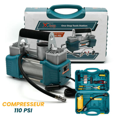 XTop Compresseur d’Air Double Cylindre avec Kit de réparation 12V -110PSI – نافخ عجلات السيارة مع أدوات التصليح