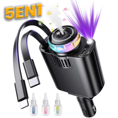 شاحن سيارة سريع قابل للسحب 5 في 1 مع معطر وإضاءة النجوم