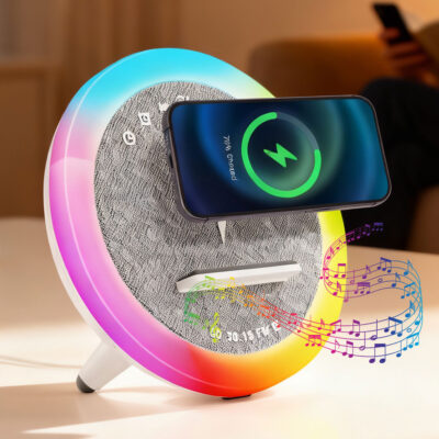 مكبر صوت ومصباح طاولة بإضاءة RGB مع شاحن لاسلكي 15 واط