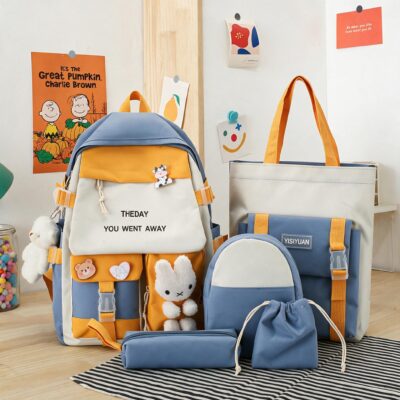 طقم حقائب ظهر Kawaii متعددة الوظائف 5 قطع مقاومة للماء باللون الأزرق SACKDS25BL