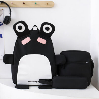 طقم حقائب مدرسية للأطفال 3 في 1 بتصميم ضفدع Kawaii باللون الأسود SACKDS32N
