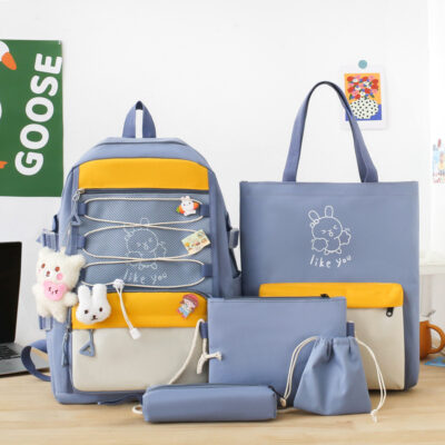 طقم حقائب ظهر Kawaii متعددة الوظائف 5 قطع مقاومة للماء باللون الأزرق SACKDS33BL