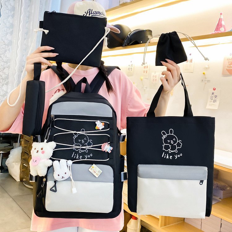 طقم حقائب ظهر Kawaii متعددة الوظائف 5 قطع مقاومة للماء باللون الأسود SACKDS33N - الصورة 2