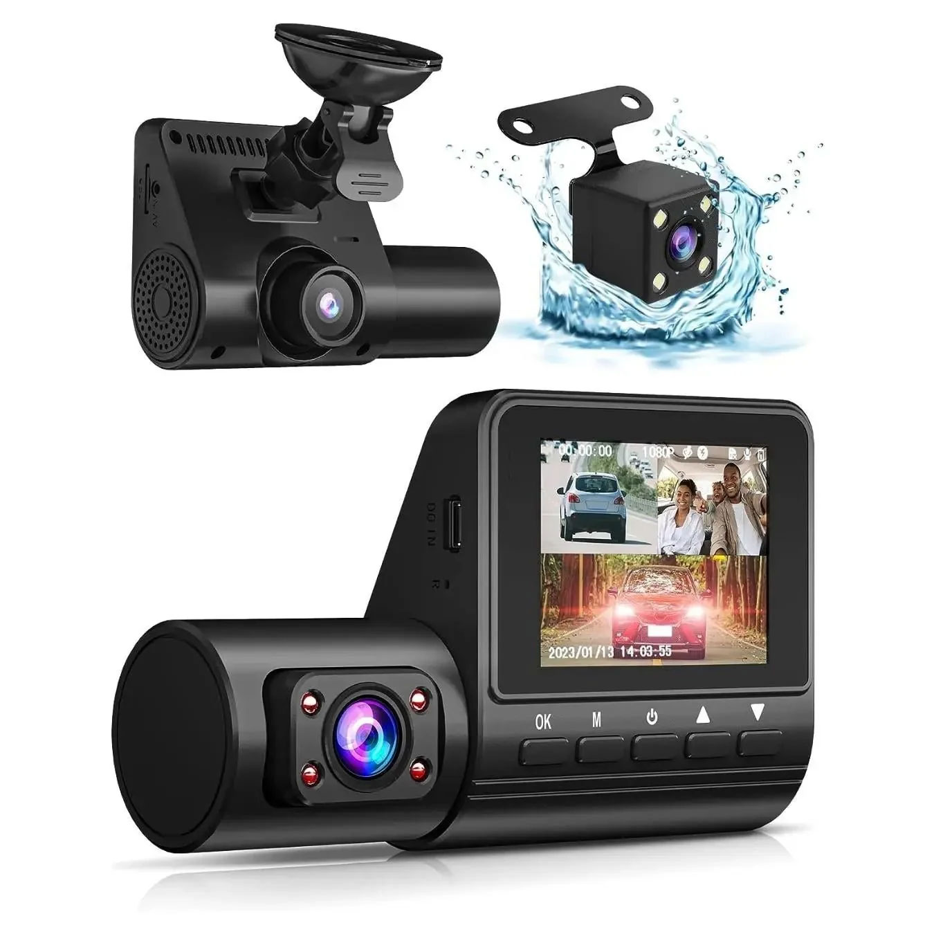 كاميرا قيادة للسيارة Dashcam ثلاثية القنوات 1080P Full HD مع رؤية ليلية بالأشعة تحت الحمراء