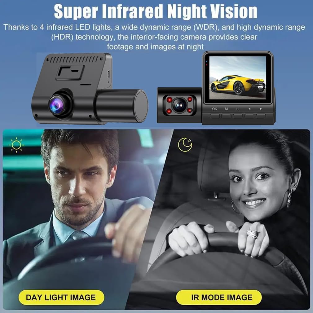 كاميرا قيادة للسيارة Dashcam ثلاثية القنوات 1080P Full HD مع رؤية ليلية بالأشعة تحت الحمراء - الصورة 8