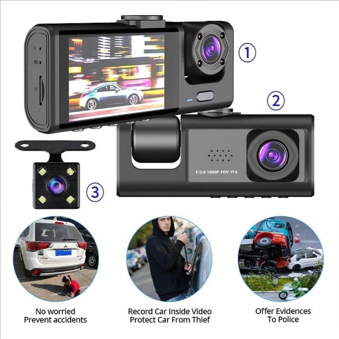 كاميرا قيادة للسيارة Dashcam ثلاثية القنوات 1080P Full HD مع شاشة وزاوية واسعة 170° - الصورة 2