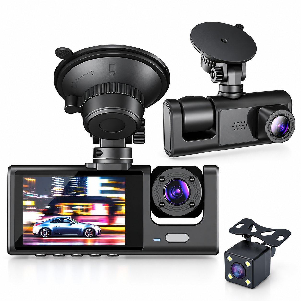 كاميرا قيادة للسيارة Dashcam ثلاثية القنوات 1080P Full HD مع شاشة وزاوية واسعة 170°