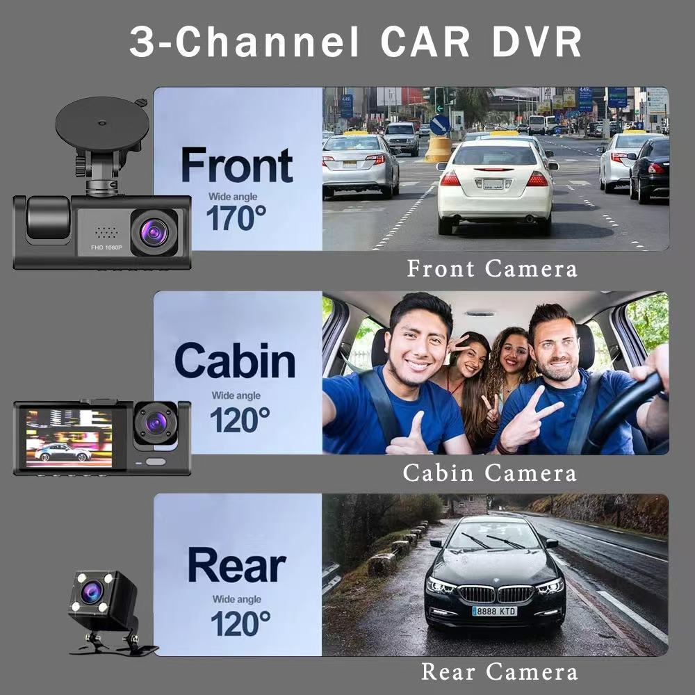 كاميرا قيادة للسيارة Dashcam ثلاثية القنوات 1080P Full HD مع شاشة وزاوية واسعة 170° - الصورة 15